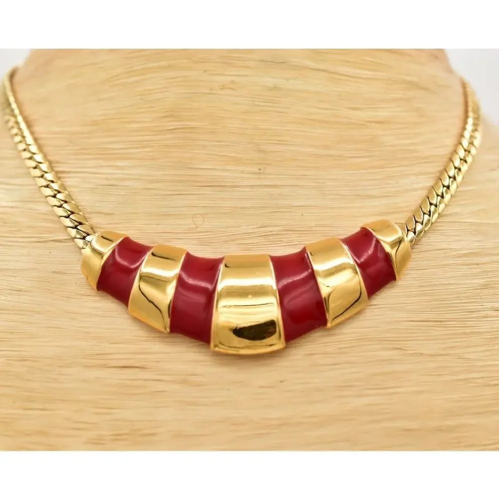 Napier Vintage Collar Necklace Red Enamel Gold Herringbone Chain Signed BinA17